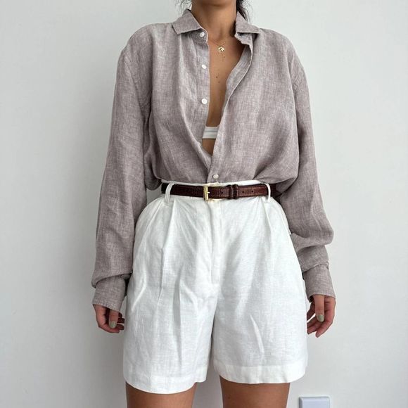Linen Coastal Oversized Neutral Linen Button Down Shirt L - Picture 3 of 7